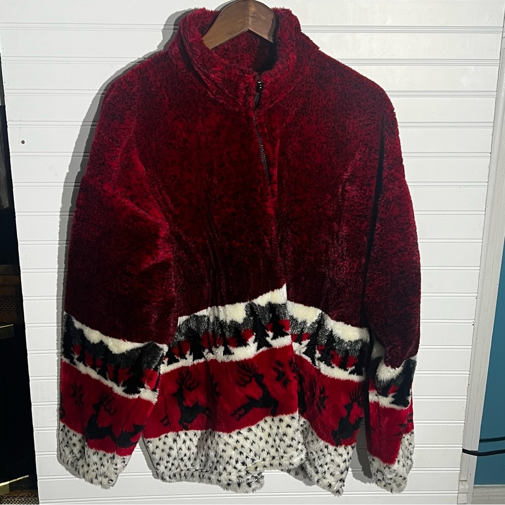 Vtg Cobblestone Canyon Red/White/Black Christmas Tree Reindeer Fleece Jacket
